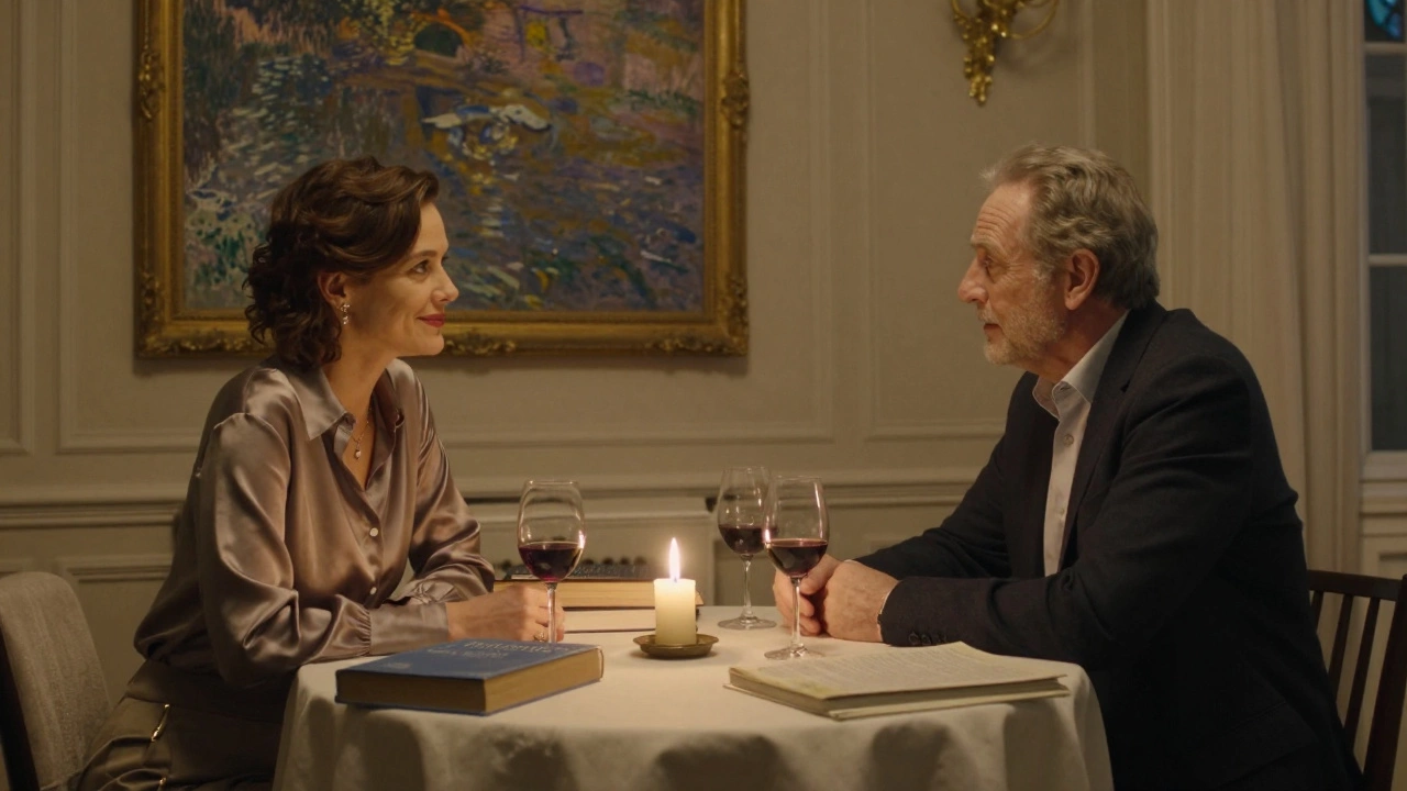 A woman and man share a quiet dinner conversation in a Parisian apartment, illuminated by candlelight.
