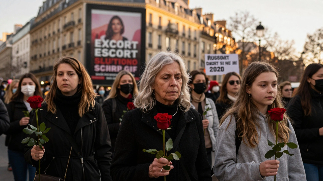 Silent Paris Slutwalk with women holding red roses, an older woman walking beside her granddaughter under golden light.