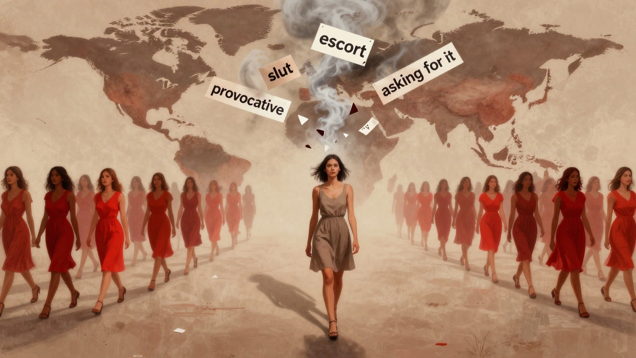 Woman walking forward as harmful labels dissolve around her, shadowed by thousands of marchers across the world.